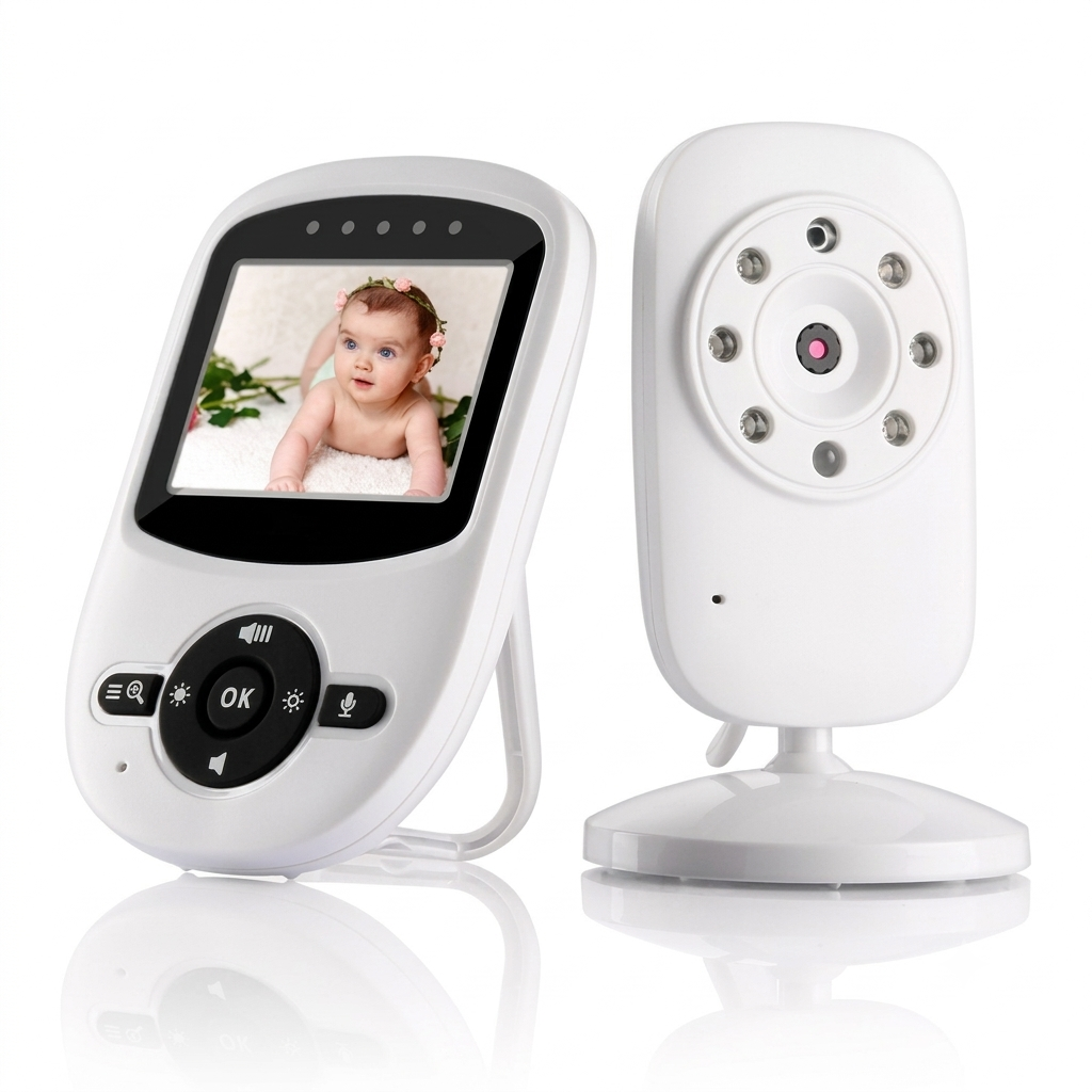 2.4 inch baby monitor with night vision with digital display and camera on a white background