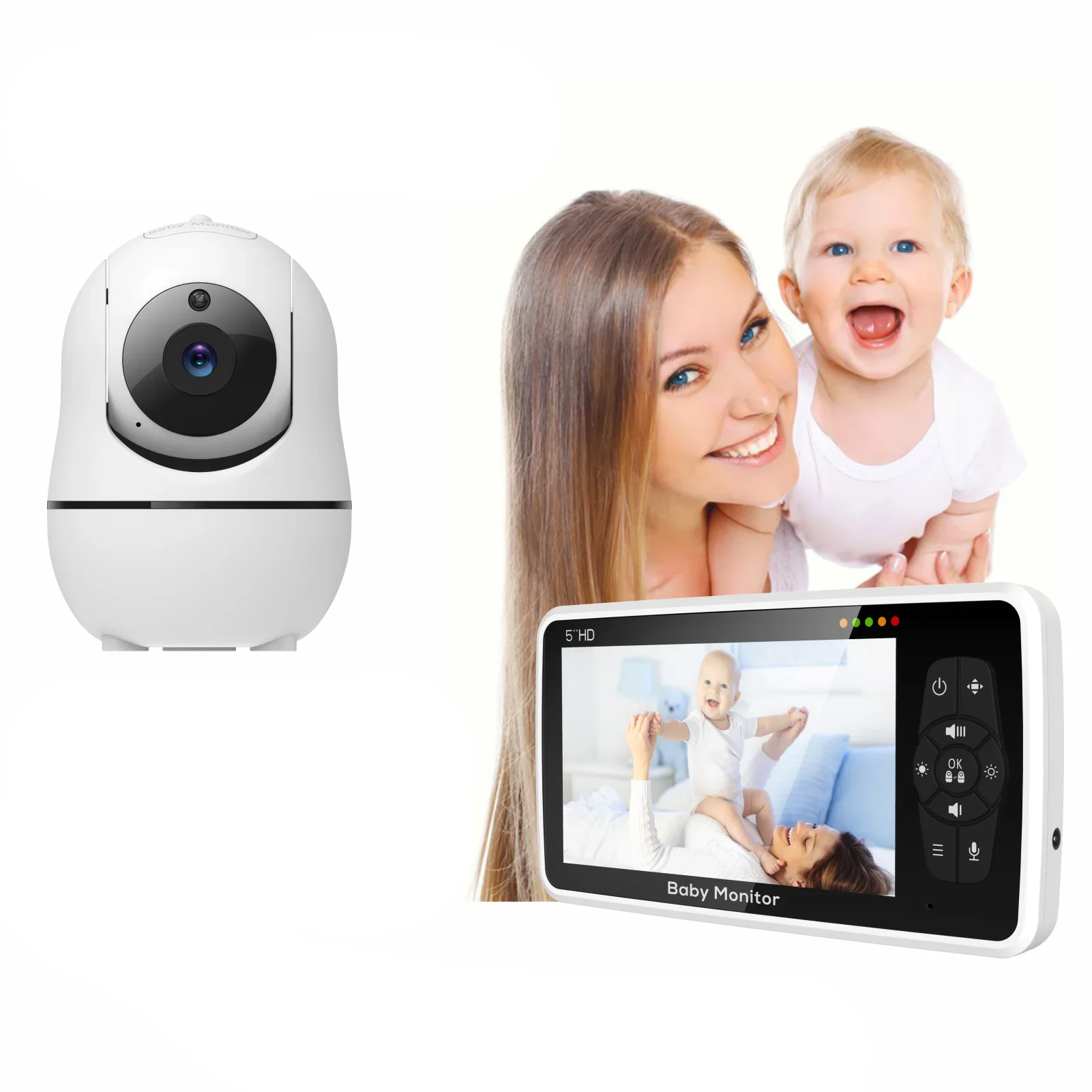 2 way audio baby camera with a display showing a baby, next to a woman holding a baby, on a white background.