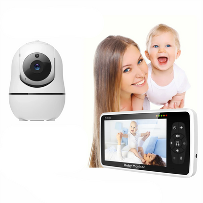 2 way audio baby camera with a display showing a baby, next to a woman holding a baby, on a white background.