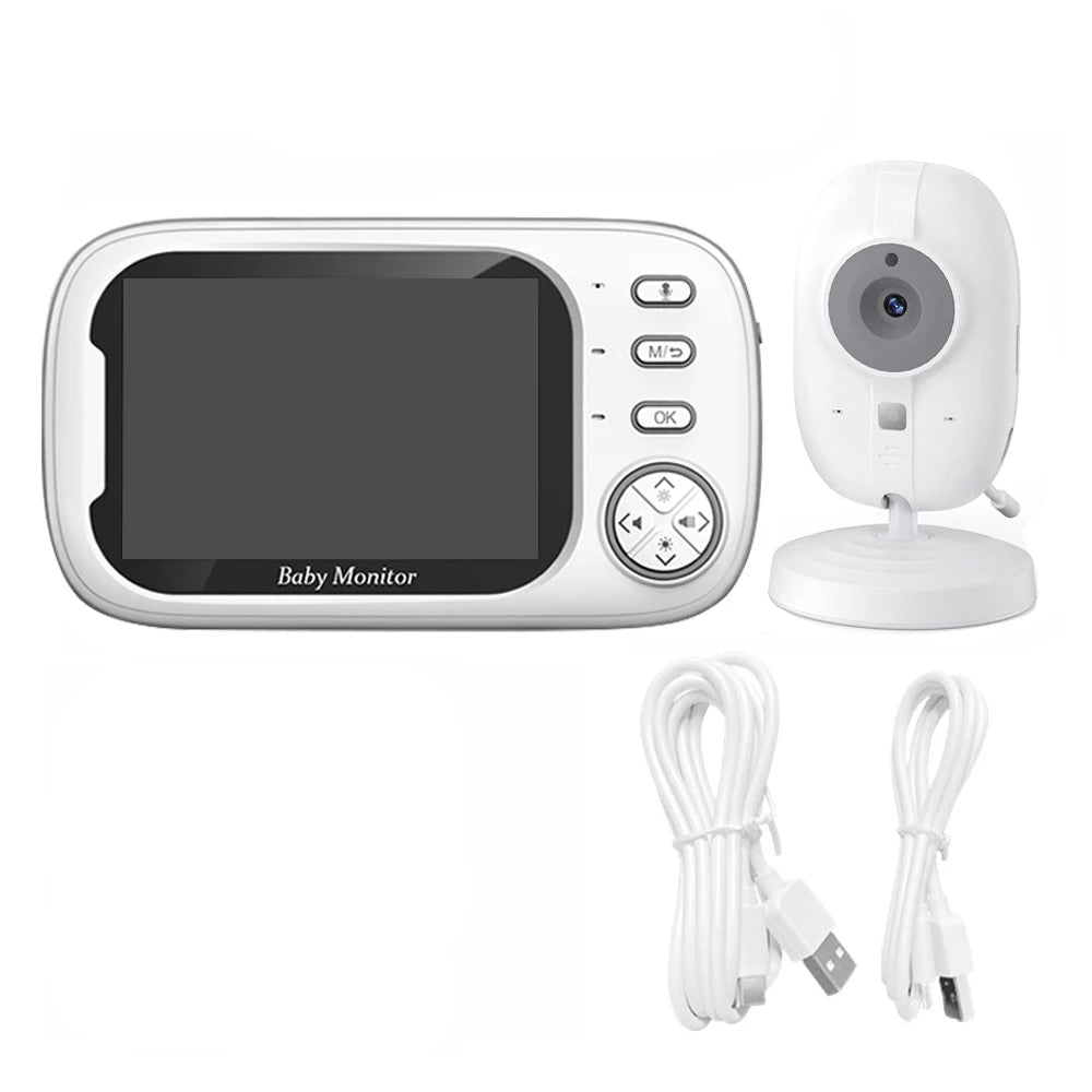 3.5" wireless video baby monitor package with display, camera, cables, and manual on a white background