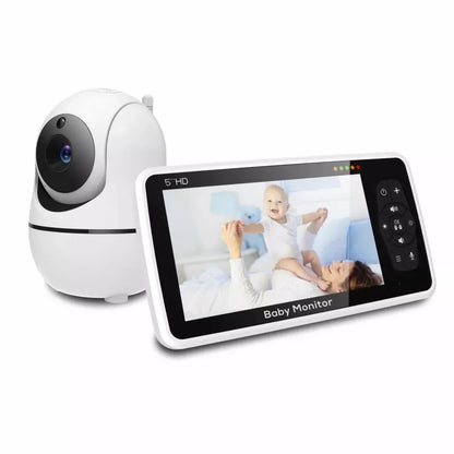 5" Baby Monitor with 4X Zoom showing a baby being held by a woman on a white background