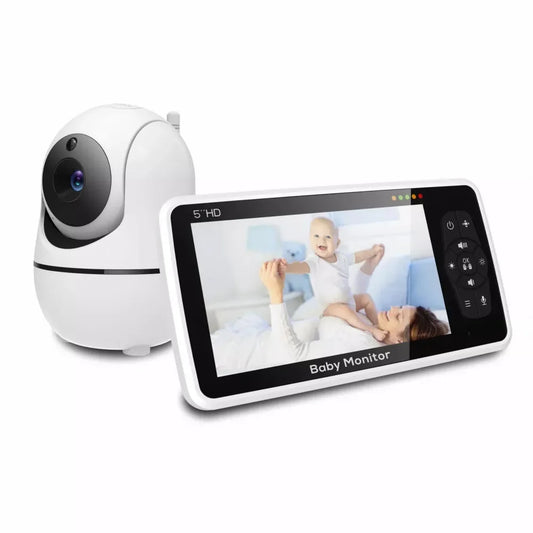 5" Baby Monitor with 4X Zoom showing a baby being held by a woman on a white background