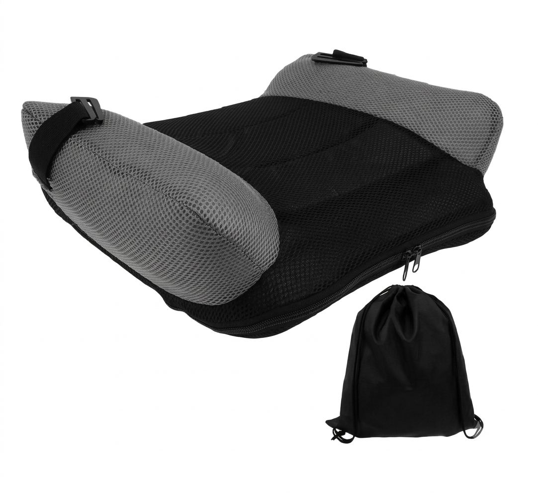 Black and gray inflatable car booster seat with a drawstring bag on a white background