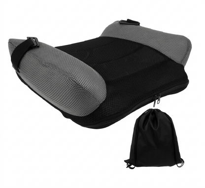 Black and gray inflatable car booster seat with a drawstring bag on a white background