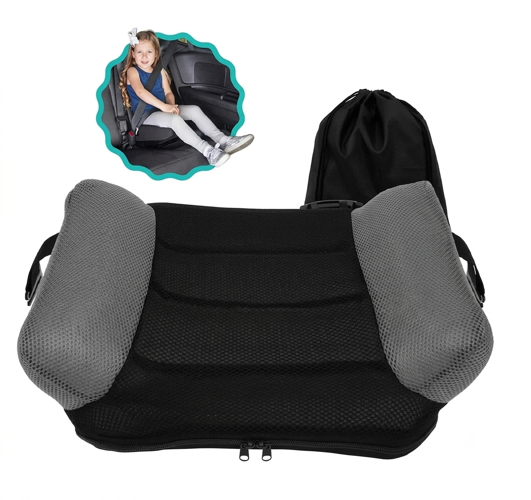 Black and gray inflatable car booster seat with a drawstring bag on a white background