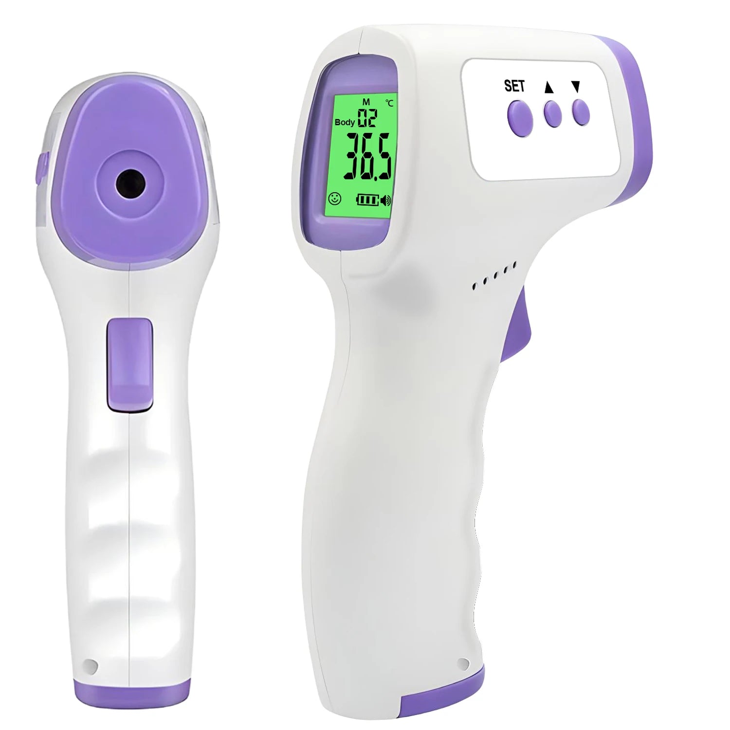 Infrared thermometer with digital display on a white background