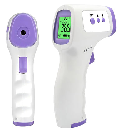 Infrared thermometer with digital display on a white background