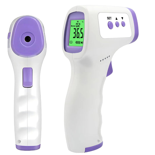 Infrared thermometer with digital display on a white background