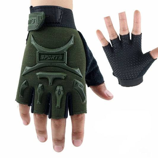 A pair of fingerless cycling gloves for kids with padding and adjustable wrist straps.