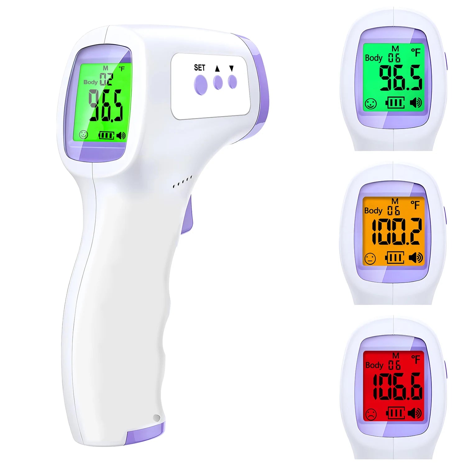 Four non contact forehead thermometer with different color displays on a white background