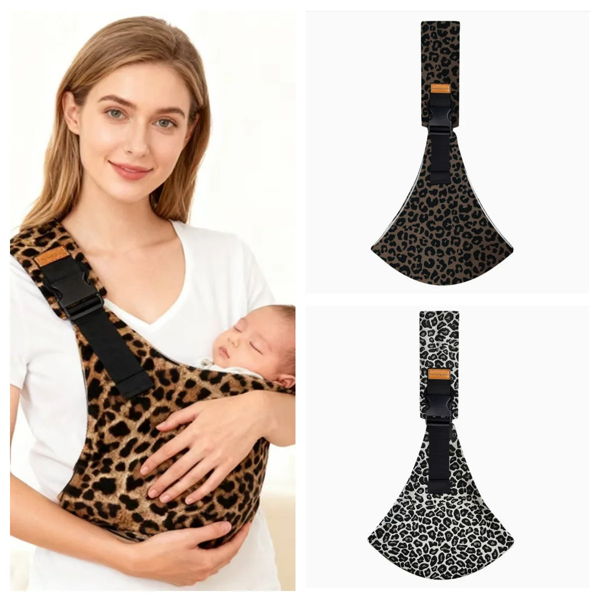 Leopard print portable baby carrier wrap featuring a padded adjustable shoulder strap.